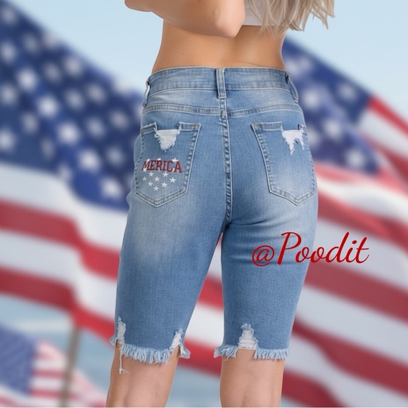 TRES CHIC patriotic distressed denim blend biker shorts S M L - Picture 4 of 11